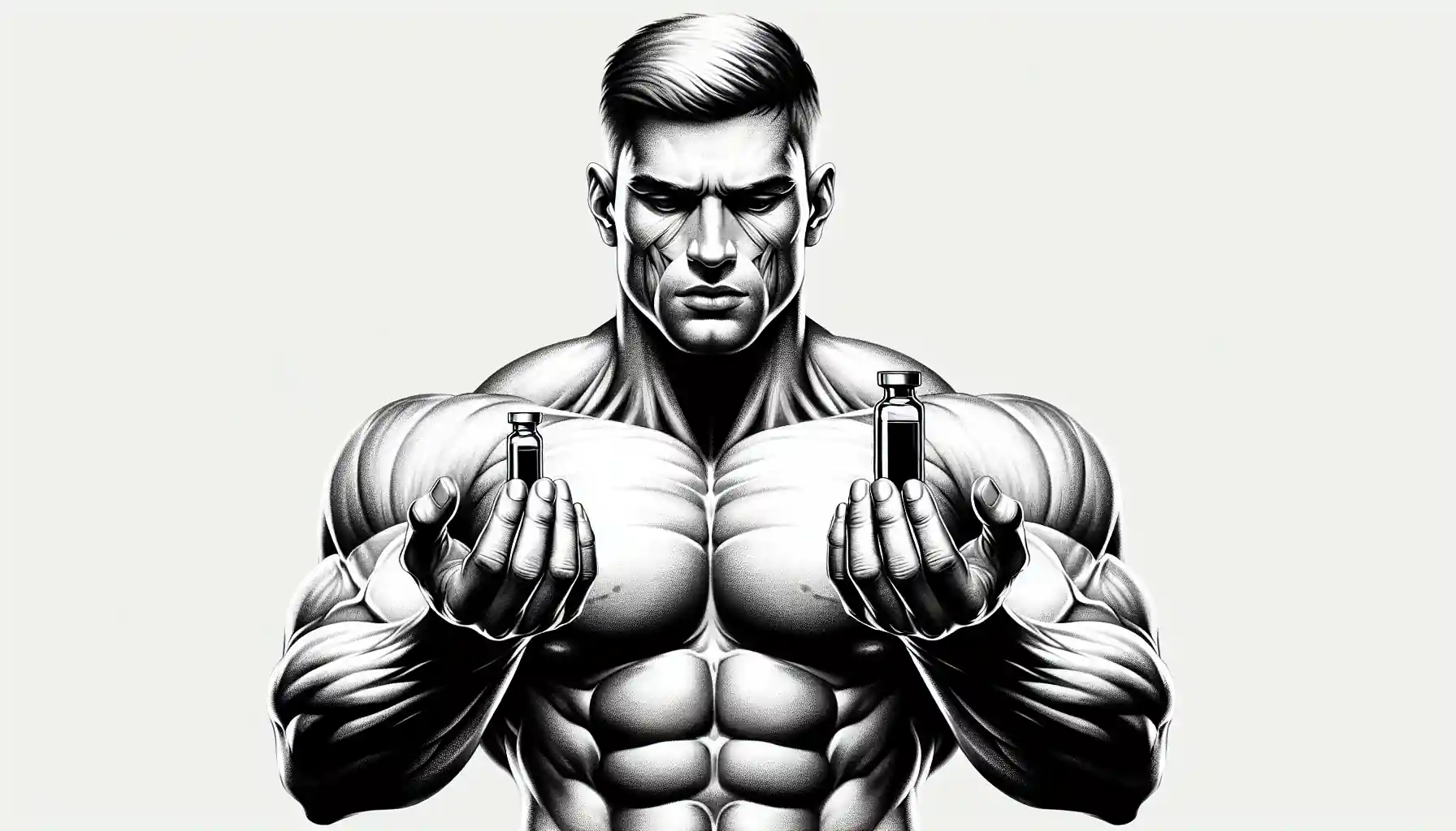 muscular bodybuilder holding two vials one of which is bac water and the other sterile water and comparing them, digital illustration