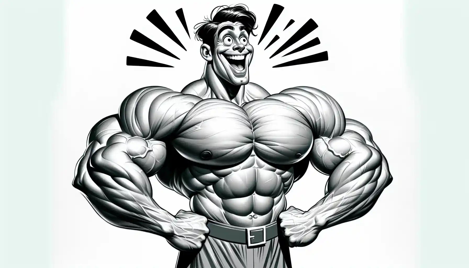 a muscular bodybuilder male character standing in a heroic stance, he has a big surprised grin on his face because he just learned about the penis enlargement chemistry stack of BPC-157 TB-500 GKH-CU DHT cream and more, white background, monochrome, digital illustration style