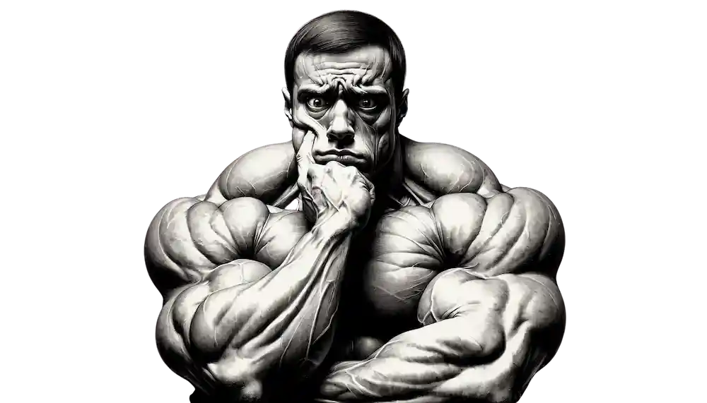 Digital illustration of a monochrome muscular male bodybuilder with a lifeless, wide-eyed expression indicative of anhedonic depression, holding his chin while staring straight ahead against a white background, he depicts a bodybuilder after taking BPC-157 and getting anhedonia